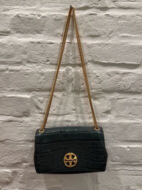 Tory Burch Dark Green Croc-Embossed Chain Shoulder Bag
